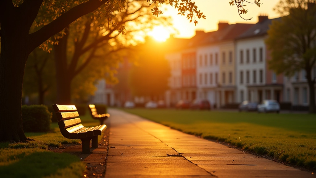 Dublin square in golden hour light, park benches, evening peaceful atmosphere