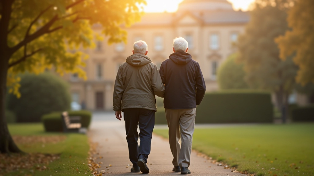Older couple enjoying peaceful afternoon walk in Dublin square