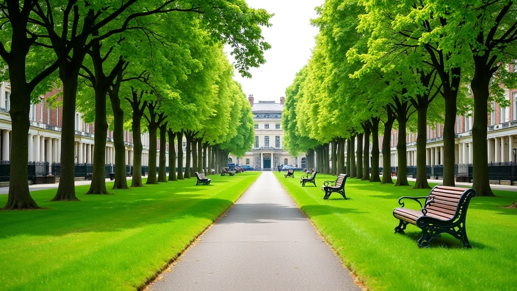 Wide view of Merrion Square park with tree-lined paths, green lawns, and Georgian buildings surrounding the square
