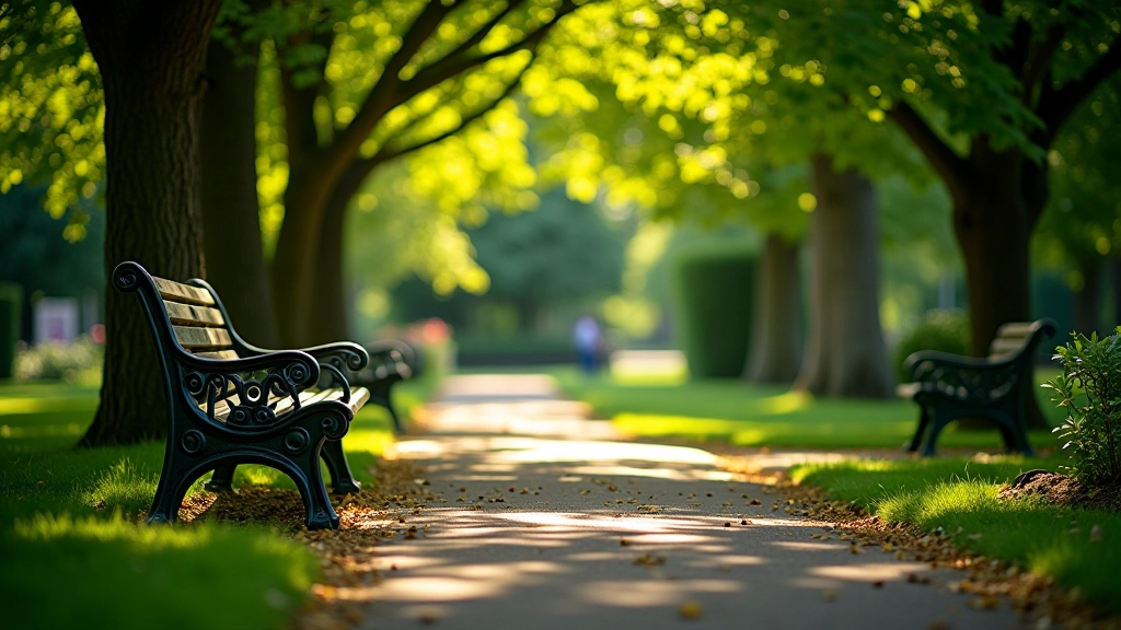 Peaceful park bench situated under mature trees in a Dublin square garden, with dappled sunlight creating patterns on the seat
