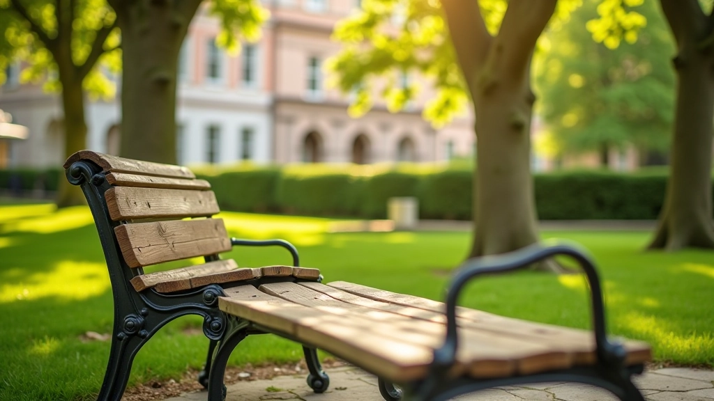 Wooden park bench positioned in peaceful garden setting with greenery, Dublin square background, morning sunlight